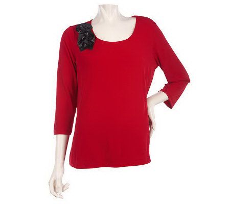 Susan Graver Liquid Knit Scoop Neck Top w/Faux Leather Rosettes - A216899