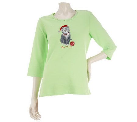 Quacker Factory Christmas Kitty 3/4 Sleeve T-shirt - A218299