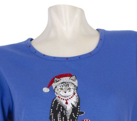 Quacker Factory Christmas Kitty 3/4 Sleeve T-shirt