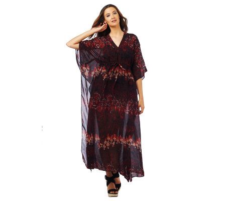 Luxe Rachel Zoe Sheer V-Neck Printed Caftan with Winged Sleeves - A224899
