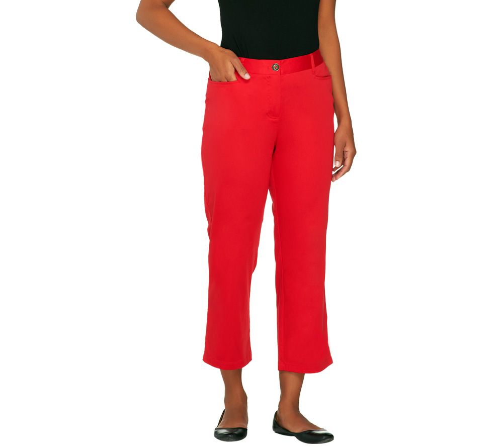 Susan Graver Solid Cotton Sateen Zip Front Crop Pants - A233099