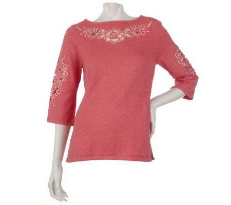 Bob Mackies Floral Cut-out Embroidered Metallic Tunic Sweater - A53599