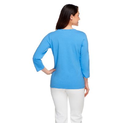 Denim & Co. 3/4 Sleeve Round Neck T-Shirt with Ruffle Detail