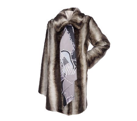 Dennis Basso Dark Grey Chinchilla Faux Fur Coat w/Printed Scarf - A96599