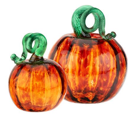 Kitras Art Glass Set of 2 Handcrafted Pumpkins - C28777