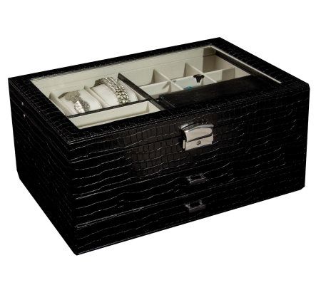Mele & Co. Alana Glass Top Jewelry Box in Black Faux Croco - H188149
