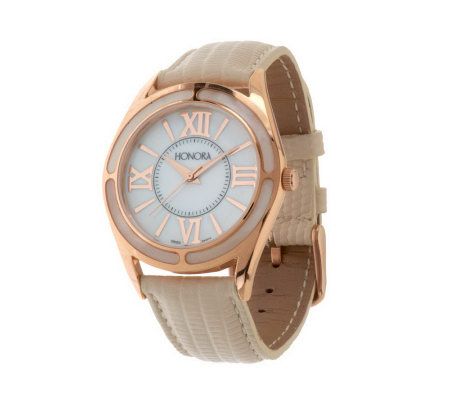 Honora Bronze Mother-of-Pearl Roman Numeral Dial Leather Strap Watch - J274721