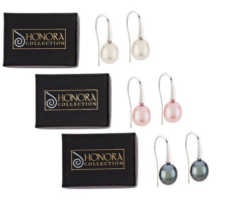 Honora Cultured Pearl Set of 3 7.5mm Oval Boxed Sterling Drop Earrings
