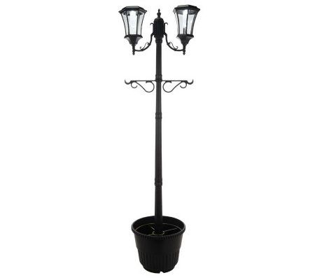 Solar Powered 2-Lantern Lamppost with Plant Hanger - M29569