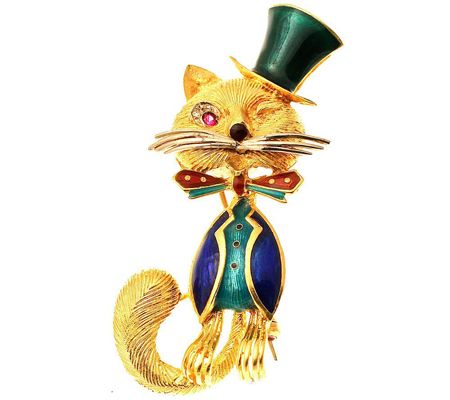 J310298-Estate Jewelry Ruby & Diamond Accent Enamel CatPin, 18K Gold