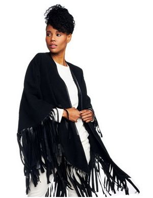 VT Luxe Faux Wool Cape with Fringe Trim
